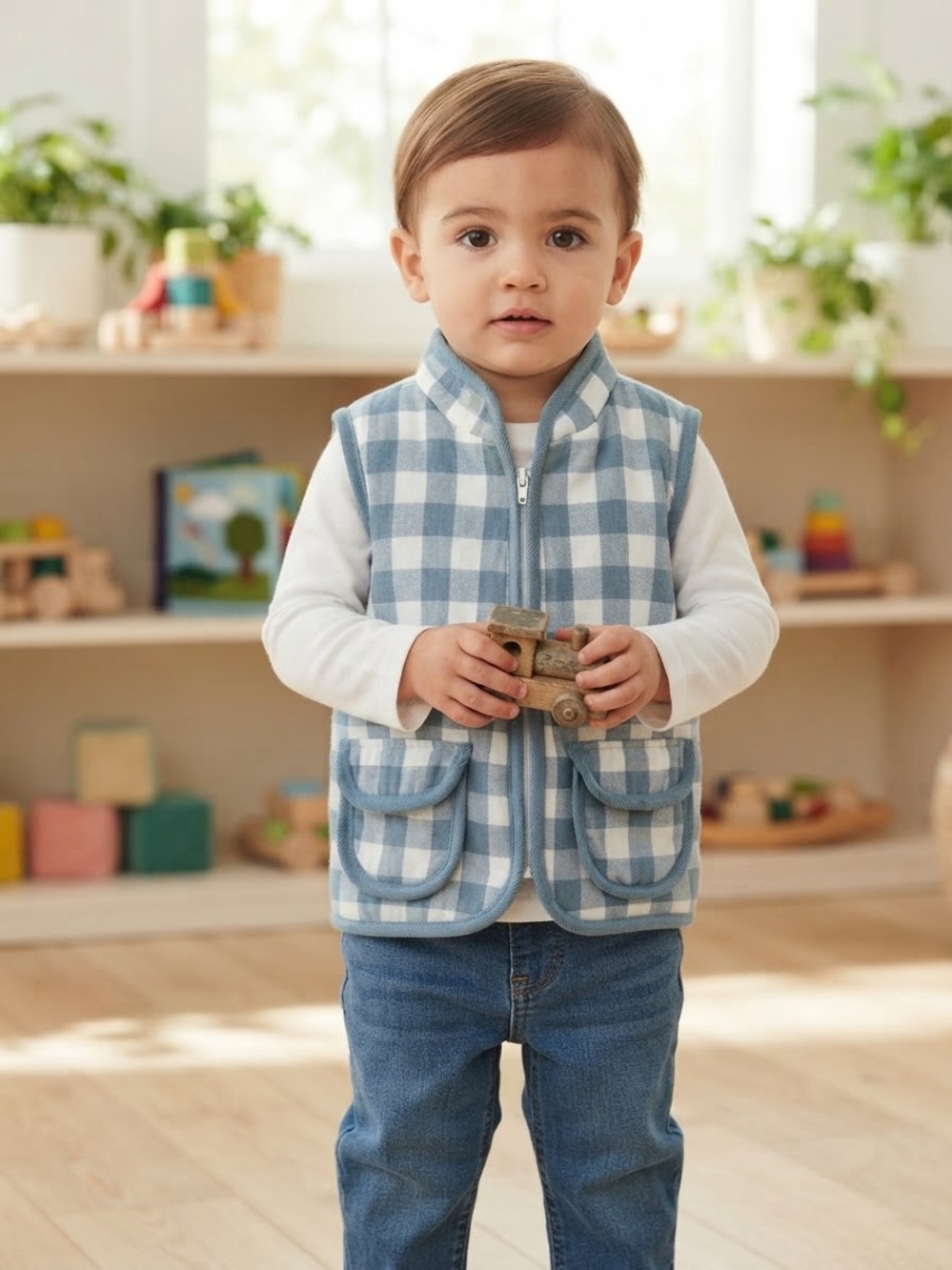 Take 50% OFF-Sal & Pimenta Blue Gingham Kids Vest, Size-5T